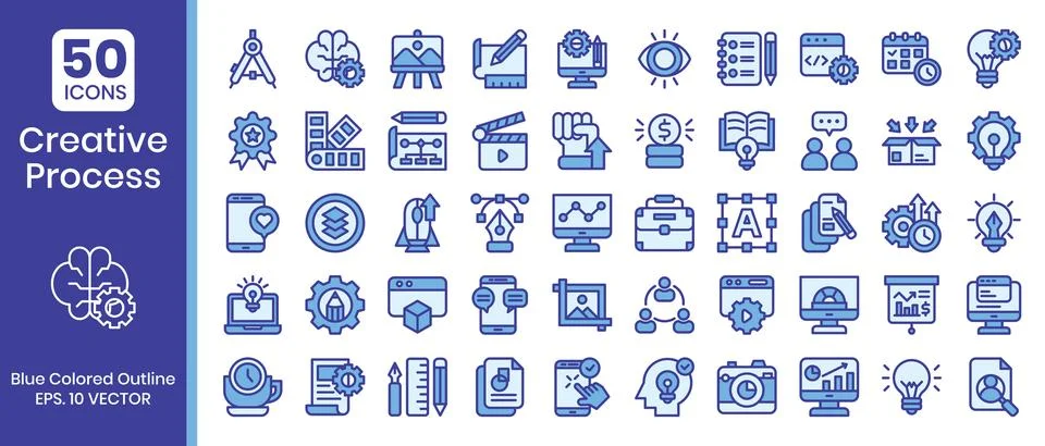 Creative process icons set. Blue colored outline style icons pack. Vector i.. Stock Illustration