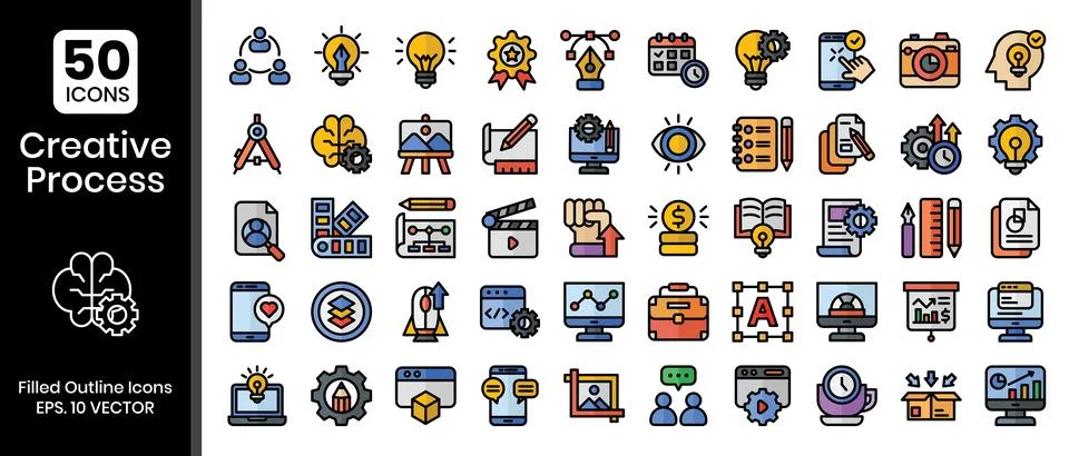 Creative process icons set. Filled outline style icons pack. Vector illustr.. Stock Illustration