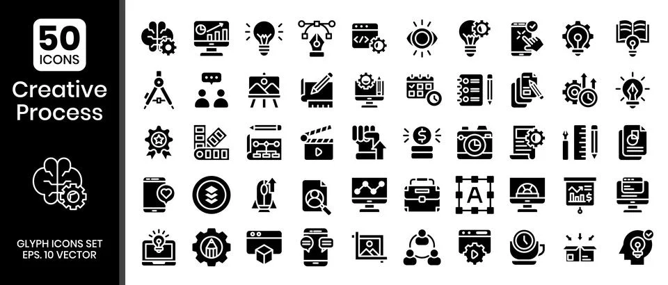 Creative process icons set. Glyph style icons pack. Vector illustration Stock Illustration