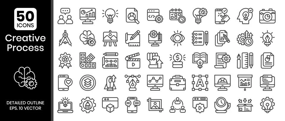 Creative process icons set.Outline style icons pack. Vector illustration Stock Illustration