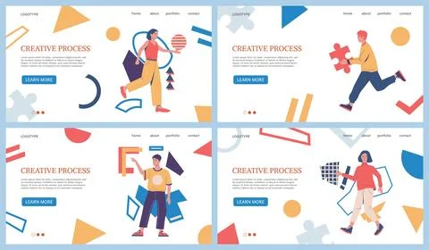 Creative process landing page. People with puzzle and geometric shapes. Website Illustrazione stock