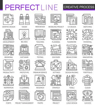 Creative process outline mini concept symbols. Modern stroke linear style Ilustración de archivo
