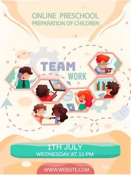 Creative process with people doing teamwork. Online preschool preparation for Illustrazione stock