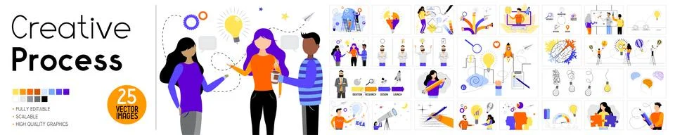 Creative process - set of vector illustrations with cartoon people Stock Illustration