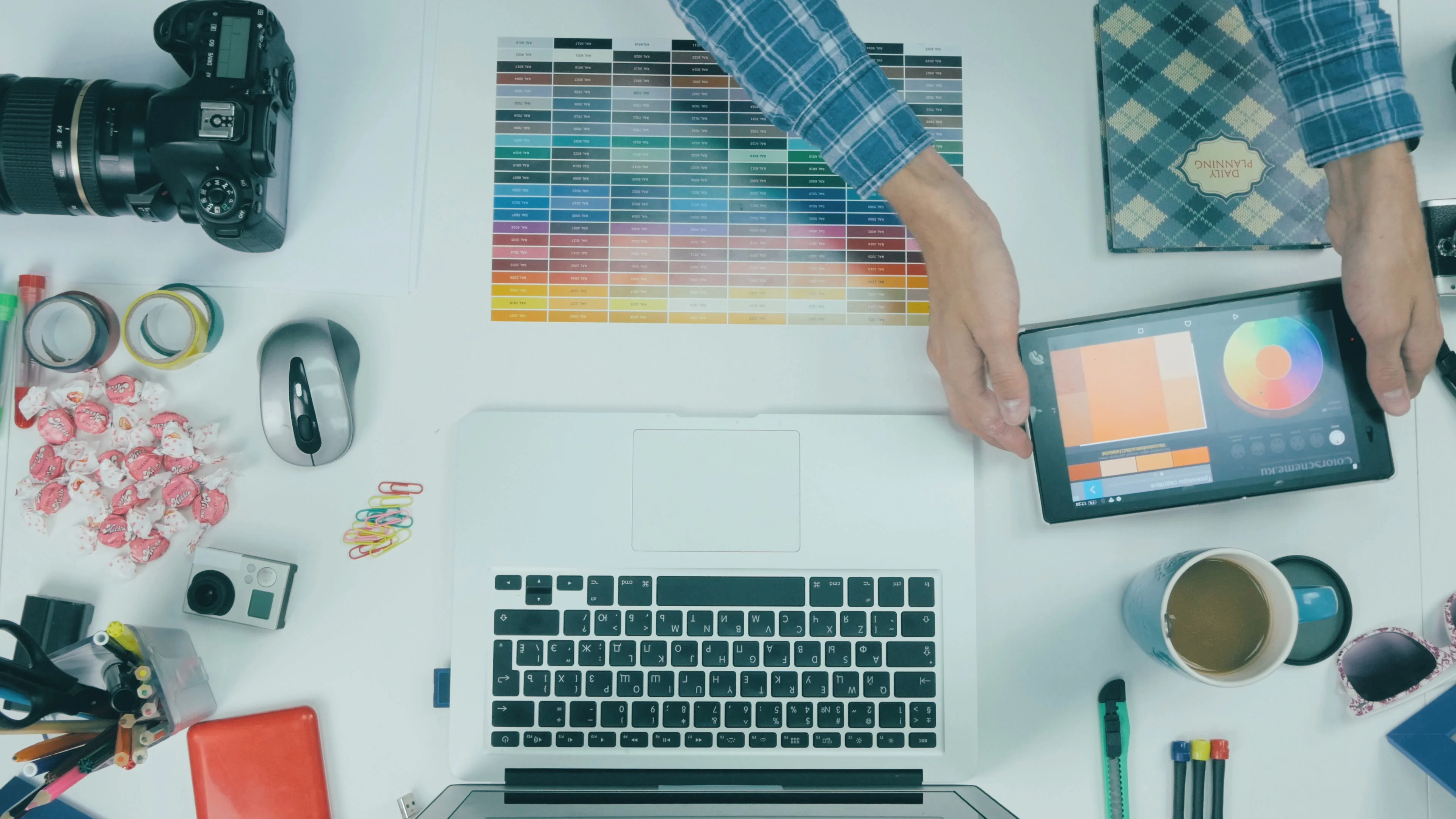 Creative Professional Graphic Designer Desk Above View Footage Creative Professional Graphic Designer Desk Above View Footage 71051883