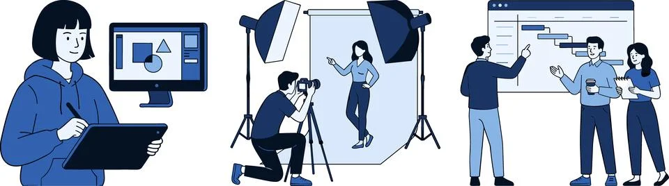 Creative Professionals Working on Design, Photography, and Project Management Ilustración de archivo
