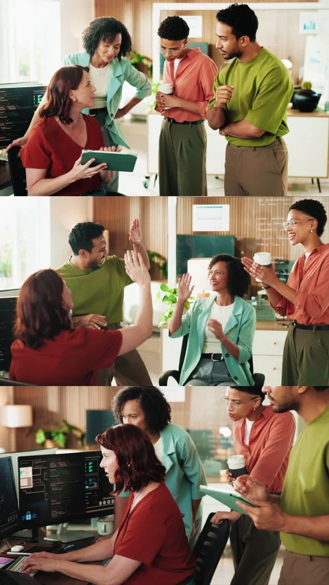 Creative, programming and team with high five in office for software development Stock Footage 342244822