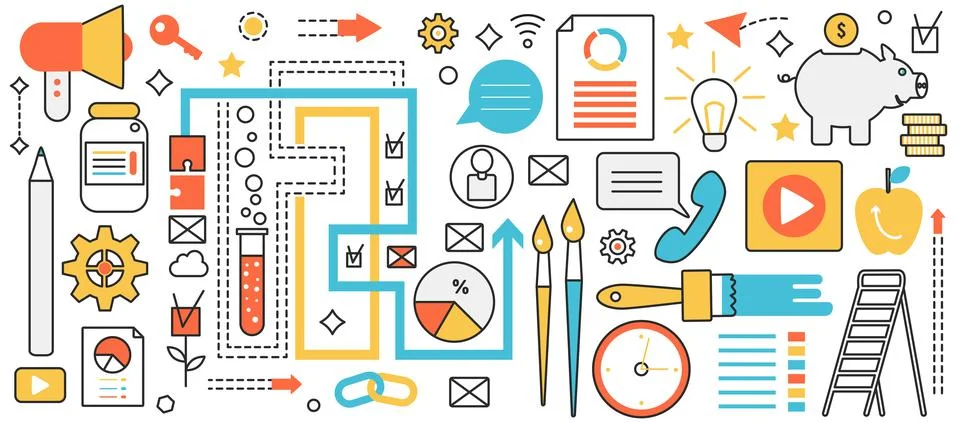 Creative project and business implementation, process with development, analysis Stock Illustration