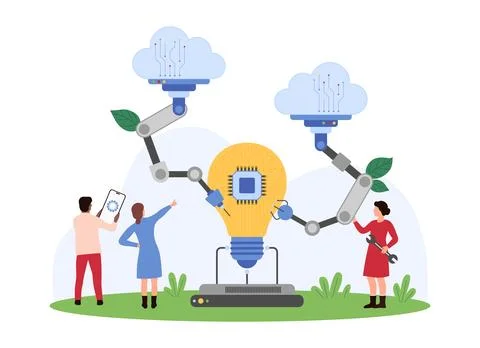 Creative project development with future innovation, teamwork of tiny people and Stock Illustration