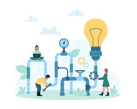 Creative project generation process, tiny people work with idea generator Stock Illustration