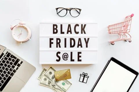 Creative promotion composition Black friday sale text on lightbox on white ba Stock Photos