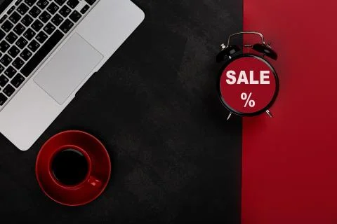 Creative promotion composition for Black friday with laptop on black backgrou Stock Photos