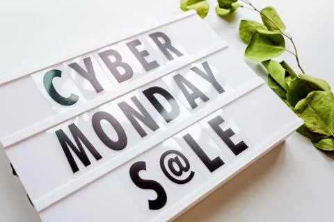 Creative promotion composition Cyber monday sale text on lightbox and eucalyp Stock Photos