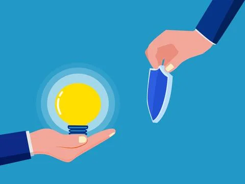 Creative protection. Hand holding a shield protects the bulb Illustrazione stock