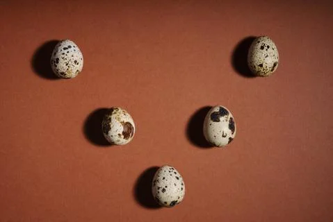 Creative quail egg layout on brown background. Quail eggs pattern. Happy easter Stock Photos