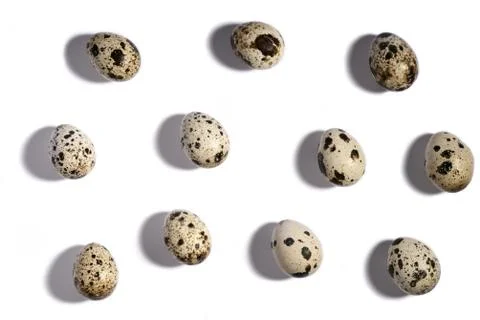 Creative quail egg layout on white background. Quail eggs pattern. Happy east Foto stock