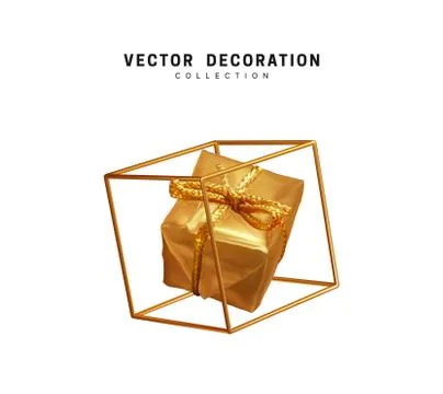 Creative realistic gift boxes in an empty golden cube. Festive decorative des Illustrazione stock
