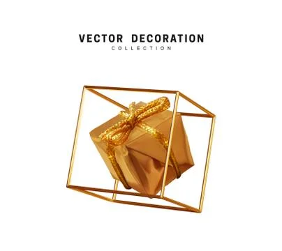 Creative realistic gift boxes in an empty golden cube. Festive decorative des Illustrazione stock