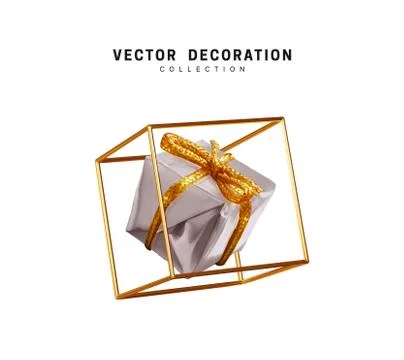 Creative realistic gift boxes in an empty golden cube. Festive decorative des Illustrazione stock