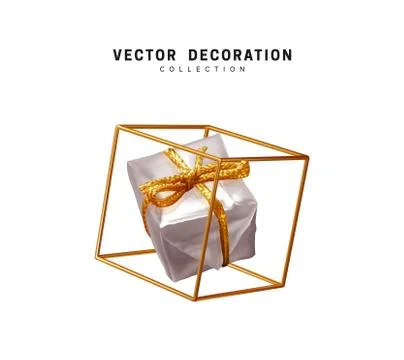 Creative realistic gift boxes in an empty golden cube. Festive decorative des Stock Illustration