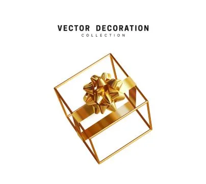 Creative realistic gift boxes with golden bow in an empty golden cube. Festiv Illustrazione stock