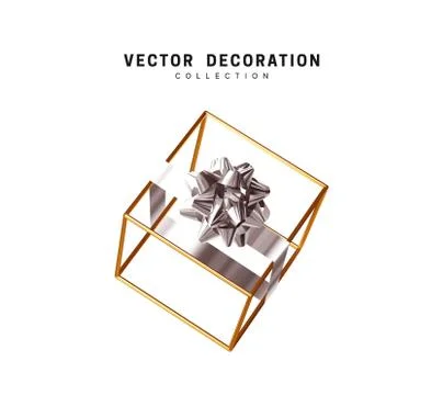 Creative realistic gift boxes with silver bow in an empty golden cube. Festiv Illustrazione stock