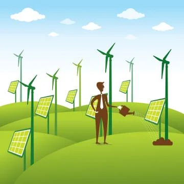 Creative renewable energy source or men giving water to windmill Stock Illustration
