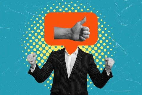 Creative representation of a person with a thumbs up gesture and a speech b.. Foto stock