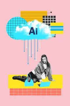 Creative retro pixel design. Remote learning support shows teen girl studying on Stock Photos