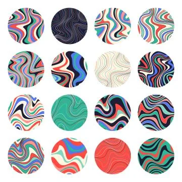 Creative ripple backgrounds set in Hippie style. Wavy psychedelic patterns for Stock Illustration