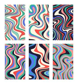 Creative ripple vertical backgrounds set in Hippie style. Wavy psychedelic Stock Illustration
