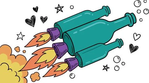 Creative rocket made from glass bottles with flames and doodle elements. 스톡 일러스트