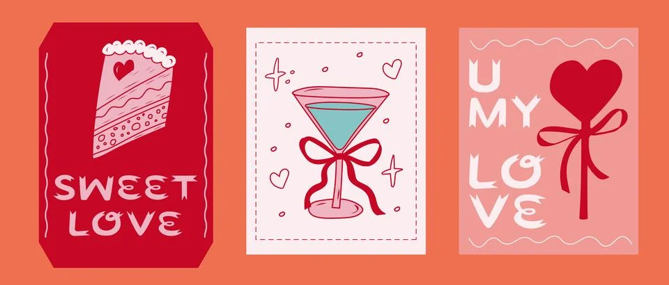 Creative romantic greeting cards featuring cake, cocktail, and heartfelt me.. Stock-Illustration
