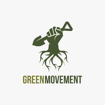 Creative Root hand holding shovel logo, green movement logo, gardening movement Stock Illustration