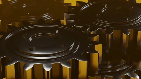 Creative rotating glossy yellow tint metal gears with fog mist background 3D Stock Footage 147876445