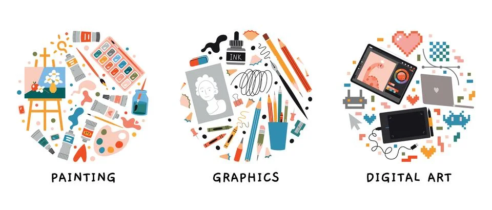 Creative Round compositions set of art supplies and tools for painting, dra.. Stock Illustration