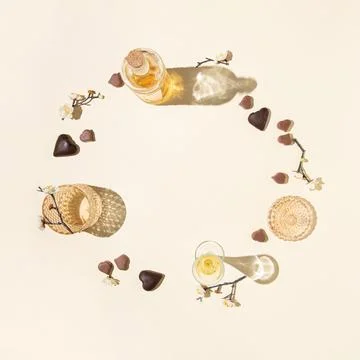 Creative round frame made of bottle, cups and chocolate isolated on a cream Stock Photos