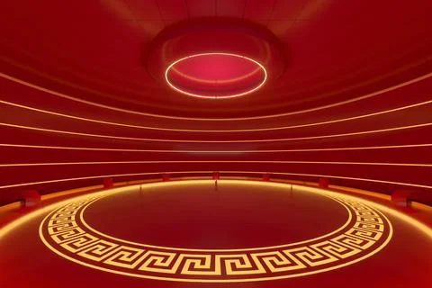 Creative round room, empty presentation room, 3d rendering. Illustrazione stock