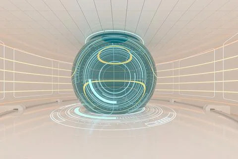 Creative round room, empty presentation room, 3d rendering. Illustrazione stock