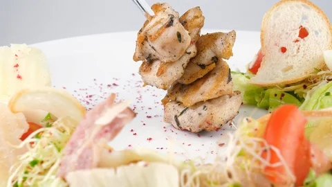 Creative salad, served in restaurant, Grilled Chicken with vegetables Stock Footage 94210869