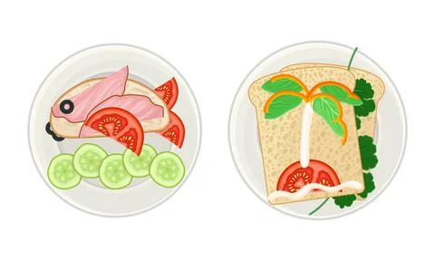 Creative sandwiches served on plates set. Serving Ideas for healthy breakfast Stock Illustration