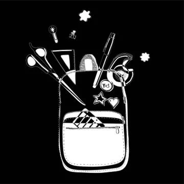 Creative school bag made of paper with school stationery. Close up. Stock Illustration