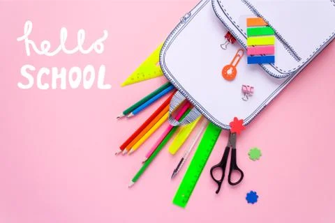 Creative school bag made of paper with school stationery. Close up. Stock Photos