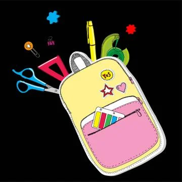 Creative school bag painted with school stationery. Close up. Stock Illustration