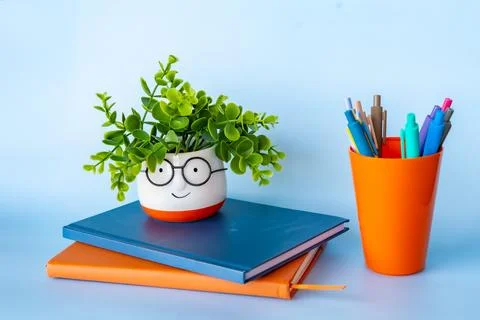 Creative school setup with a smiling plant pot on colorful notebooks and vi.. Stock Photos