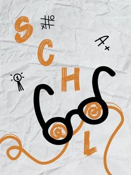 Creative school-themed illustration featuring glasses and playful text elements Stock Photos