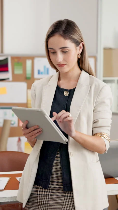 Creative, scroll or woman in office with tablet, ads objective or audience Stock Footage 346818924