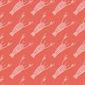 Creative seafood seamless pattern with light pink lobster silhouettes. Cartoo Illustrazione stock