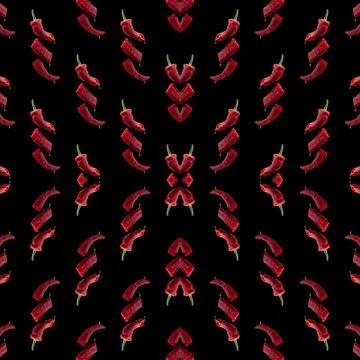 Creative seamless background with flying, red bitter pepper sliced into chunks 写真素材