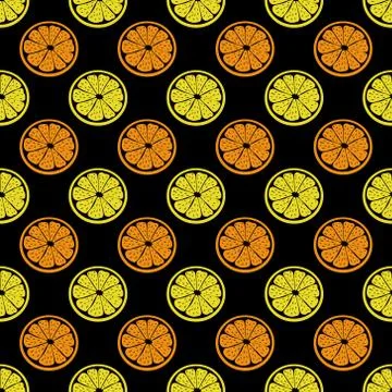 Creative seamless Citrus vector pattern. White lemon on orange slice on black Stock Illustration